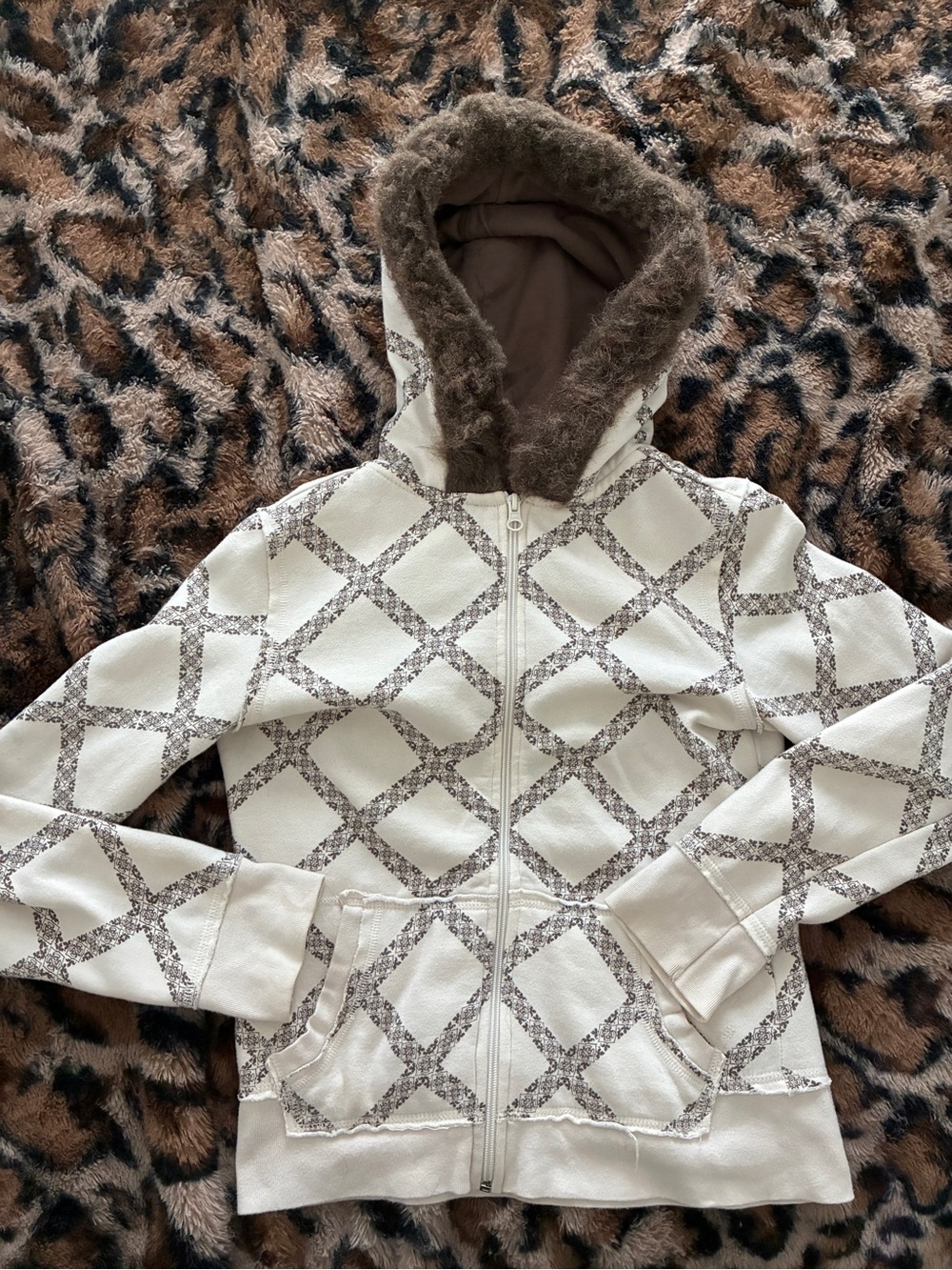 Mossimo Supply Co. Cream Hooded Zip Jacket with Brown Faux-Fur Trim